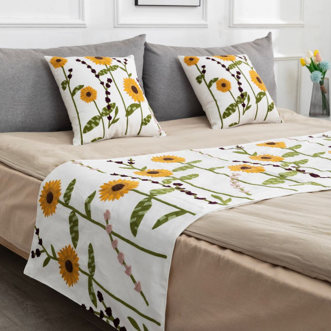 Piecera Bordada Flores Girasoles + 2 Fundas
